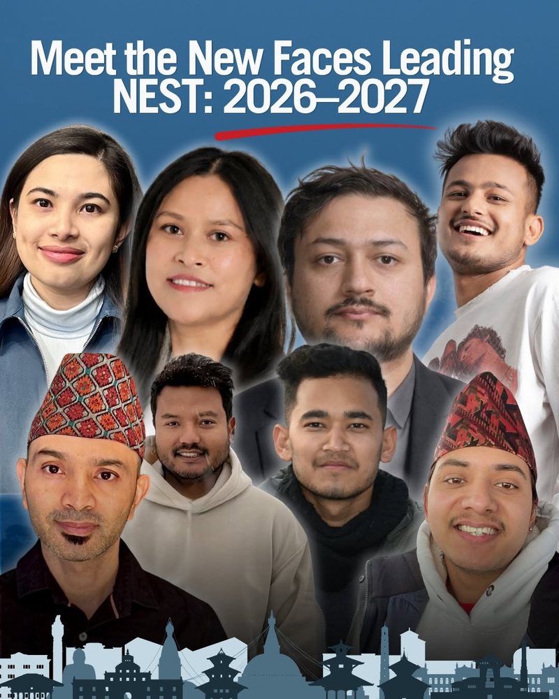 NEST card reading Meet the New Faces Leading NEST, 2026 to 2027, showing seven board members together against a Nepali flag.
