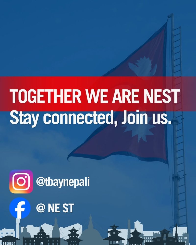 NEST card reading Together We Are NEST, stay connected, join us, with the Instagram handle tbaynepali.