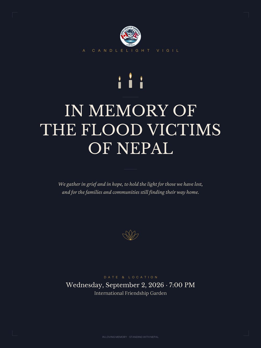 The vigil poster: In memory of the flood victims of Nepal. Wednesday, September 2, 2026, 7:00 PM, International Friendship Garden.